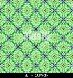 Seamless design painterly abstract pattern with organic flower petal motifs in geometric repeating design in green and blue. Stock Photo