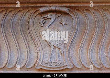 Stone embossed Liver Bird, on Martins Bank office building, Water Street, Liverpool, Merseyside, England, UK,  L2 3SP Stock Photo