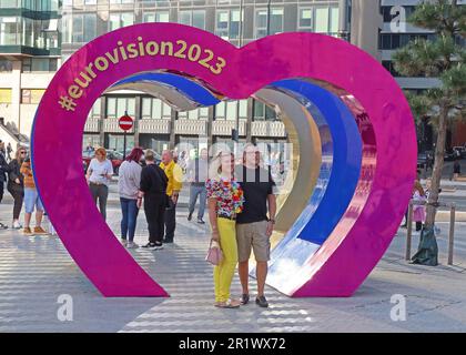 Liverpool Eurovision 2023, yellow, blue (Ukraine) and pink hearts, Mann Island, Liverpool, Merseyside, England, GB,  L3 1BP Stock Photo