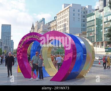 Liverpool Eurovision 2023, yellow, blue (Ukraine) and pink hearts, Mann Island, Liverpool, Merseyside, England, GB,  L3 1BP Stock Photo