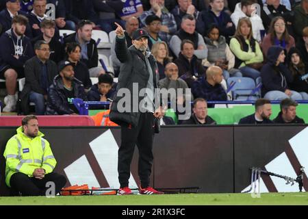 Leicester, UK. 15th May 2023. Liverpool Manager Jurgen Klopp gestures during the Premier League match between Leicester City and Liverpool at the King Power Stadium, Leicester on Monday 15th May 2023. (Photo: James Holyoak | MI News) Credit: MI News & Sport /Alamy Live News Stock Photo