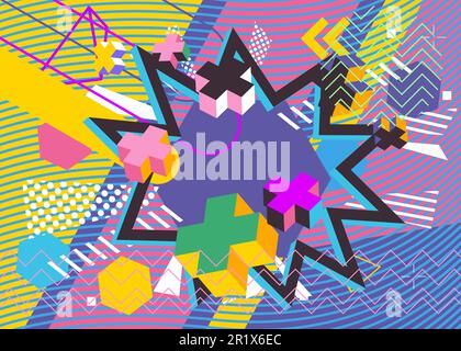 Busy colorful explosion geometric shapes background. Abstract multicolored vintage random geometry template. Simple vibrant colors geometrical graphic Stock Vector