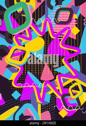 Busy colorful explosion geometric shapes background. Abstract multicolored vintage random geometry template. Simple vibrant colors geometrical graphic Stock Vector