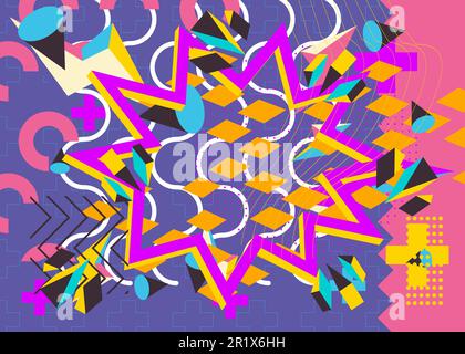Busy colorful explosion geometric shapes background. Abstract multicolored vintage random geometry template. Simple vibrant colors geometrical graphic Stock Vector
