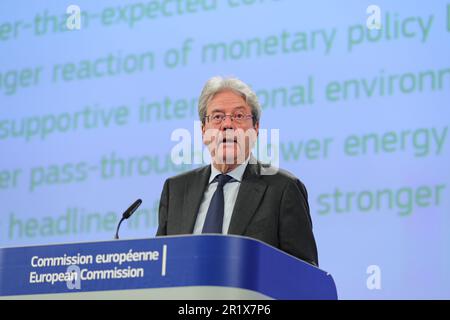 Brussels, Belgium. 15th May, 2023. European Commissioner for Economy Paolo Gentiloni speaks at a press conference on the Spring 2023 Economic Forecast in Brussels, Belgium, May 15, 2023. The European Union economy has avoided a recession and is now on a path of moderate growth in 2023 and 2024, Paolo Gentiloni said on Monday. Credit: Zheng Huansong/Xinhua/Alamy Live News Stock Photo