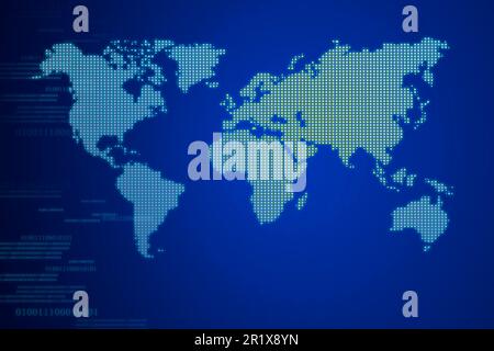 Square shape dotted world map on gradient blue background. Abstract technology digital backgrounds with binary code and world map Stock Photo