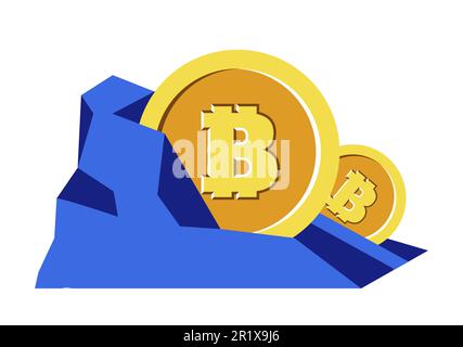 Bitcoins mining, cryptocurrency in rock, digital money, isolated icon Stock Vector
