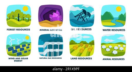 Ecology, natural resources isolated icons, finite or renewable sources Stock Vector