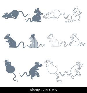 Rat or mouse isolated silhouettes and linear icons, sneaking and sitting Stock Vector