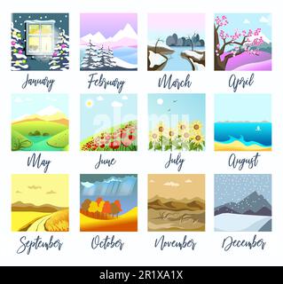 Nature landscapes, four seasons months calendar isolated icons Stock Vector