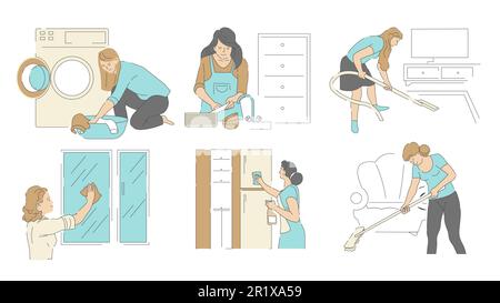 Housework, cleaning house and laundry, housekeeping and household chores Stock Vector