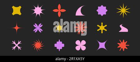 Abstract stars, flowers, waves, sunburst shapes set. Primitive geometric forms collection in Swiss, bauhaus or Memphis style. Brutalist elements bundle for poster, banner, collage. Vector signs pack.  Stock Vector