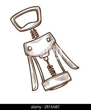 Winemaking industry, corkscrew or bottle opener isolated sketch Stock Vector