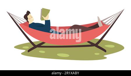 Guy reading book in hammock, leisure and education, isolated character Stock Vector