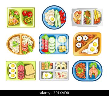 Healthy food, lunch on tray, school snack isolated icons Stock Vector