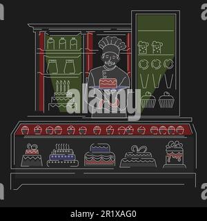 Bakery shop interior with cake and counter inside cartoon background ...