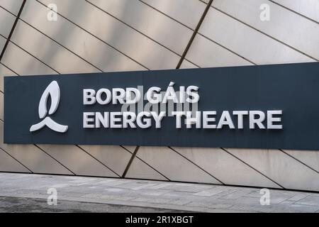 Grand Canal Square, Docklands, Dublin, Ireland, 29th March 2023. Bord Gais Energy Theatre sign at Grand Canal Dock overlooking Grand Canal Stock Photo