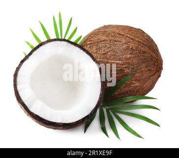 Fresh ripe coconuts with green leaves on white background Stock Photo