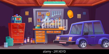 Garage room interior for tool storage in house. Cartoon home basement furniture illustration. Modern storeroom for repair car with mechanic equipment and board. Underground inventory office section Stock Vector