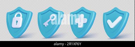 Realistic set of blue security shield icons isolated on transparent background. Vector illustration of 3D safety symbols with lock, key, cross, tick signs. Data privacy protection, antivirus technology Stock Vector