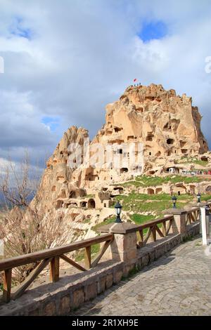 Photo taken in Turkey.The photograph shows an ancient cave fortress town called Uchisar. Stock Photo