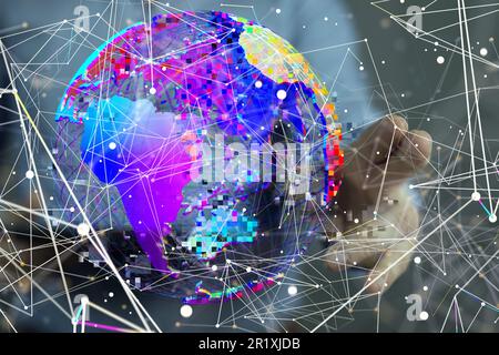 A modern computer monitor displaying a 3D network of multicolored lines around a virtual globe, representing interconnected global networks Stock Photo