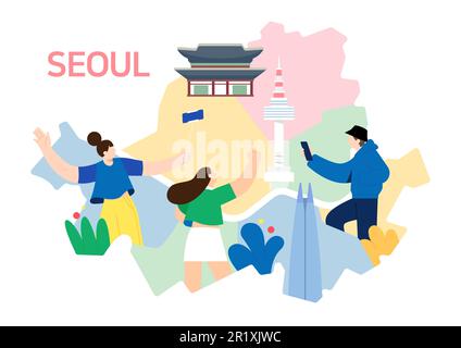 map of Seoul, Korea and drawing of travelling people Stock Photo