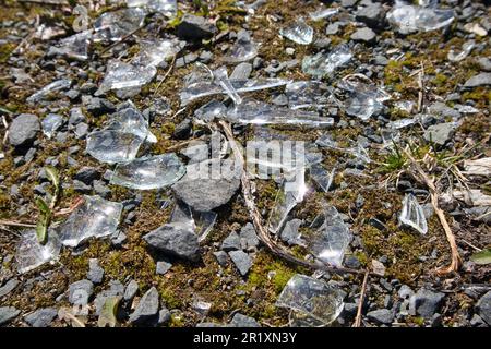 shattered glass scattered on the ground Stock Photo