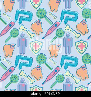 medical pattern with elements of tooth, shield, magnifier, broken bonehuman, thermometer and bowel Stock Vector