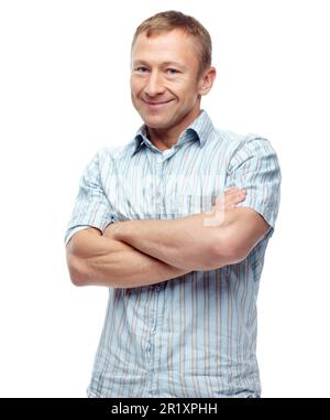 Confidence grows with age. A cropped portrait of a happy middle-aged man isolated on white. Stock Photo