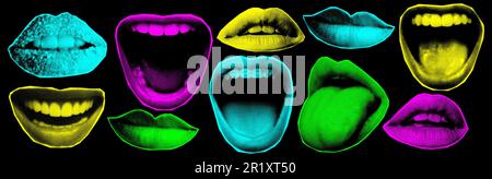 Halftone mouth. Collage design lips in trendy magazine style. Vector illustration with vintage grunge punk cutout elements Stock Vector