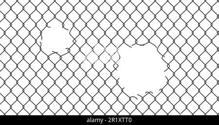 Broken wire mesh fence. Rabitz or chain link fence with cut hole. Torn wire pirson mesh texture. Cut metal lattice grid. Vector illustration isolated Stock Vector