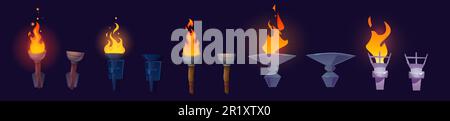 Cartoon set of burning and extinct torches isolated on background. Vector illustration of wooden, iron flares with and without fire. Interior design elements for medieval castle dungeon illumination Stock Vector