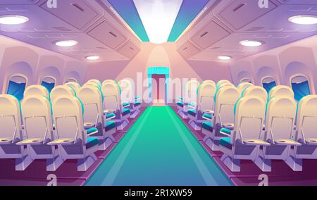 Empty airplane interior, plane salon with chairs and folding back seat tables. Vector cartoon cabin of passenger carriage transport with comfortable seats and foldable tray desk Stock Vector