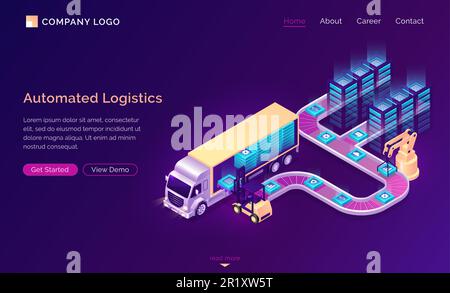 Automated logistics isometric landing page. Web icons moving on conveyor belt with crane and data blocks, Modern smart forklift loading cargo to freight truck, delivery service 3d vector web banner Stock Vector