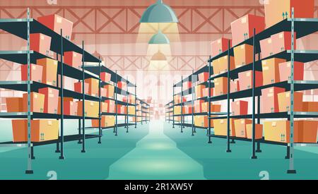 Warehouse interior with cardboard boxes on metal racks. Vector cartoon illustration of empty storehouse interior with goods, cargo and parcels on shelves. Storage room in store, market Stock Vector