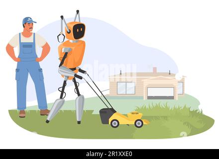 AI robot mowing grass with lawn mower under farmer control Stock Vector