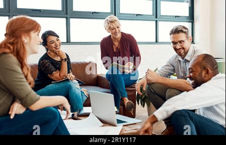 Happy business people, creative meeting and teamwork in fun collaboration, planning or strategy at office. Friendly group of employees laughing in Stock Photo
