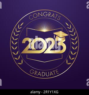 Educational awards design with congratulating inscription for 2023 graduates and creative number logo. Shiny gold. Round palm branches, open book and Stock Vector