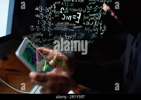Coding, man hands and tablet hacking, software malware and password code in dark room, night or math overlay. Online crime, cyber hacker or programmer Stock Photo