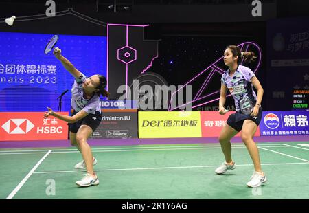 Suzhou, China's Jiangsu Province. 16th May, 2023. Benyapa Aimsaard (L)/Nuntakarn Aimsaard of Thailand compete in the women's doubles match against Catherine Choi/Josephine Yuenling Wu of Canada during the group B match between Thailand and Canada at BWF Sudirman Cup in Suzhou, east China's Jiangsu Province, May 16, 2023. Credit: Hou Zhaokang/Xinhua/Alamy Live News Stock Photo