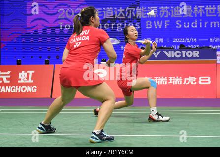 Suzhou, China's Jiangsu Province. 16th May, 2023. Catherine Choi (R)/Josephine Yuenling Wu of Canada compete in the women's doubles match against Benyapa Aimsaard/Nuntakarn Aimsaard of Thailand during the group B match between Thailand and Canada at BWF Sudirman Cup in Suzhou, east China's Jiangsu Province, May 16, 2023. Credit: Hou Zhaokang/Xinhua/Alamy Live News Stock Photo