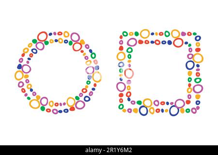 Frames, border Set. Hand drawn paint brush line strokes, cute bubbles, colorful rainbow color palette. Circle wreath, square geometric shapes. Empty Stock Vector