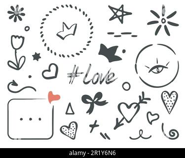 Doodles set, love concept. Hand drawn frame, heart, flower, sun, bow, border, arrow, stars. Scribbled isolated elements, black color. Cute Stock Vector