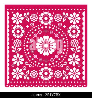 Papel Picado vector square design wit flowers, Mexican cutout paper garland decoration in pink on white background Stock Vector