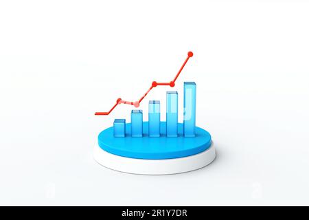 3d blue glass graph with red point chart icon on white podium, Trade arrow. Exchange price chart. Growth and changes in value. Exchange trading. Repor Stock Photo