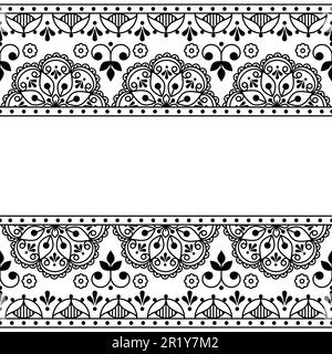 Scandinavian folk art outline vector seamless greeting card pattern, black and white retro design with flowers inspired by old embroidery backgrounds Stock Vector