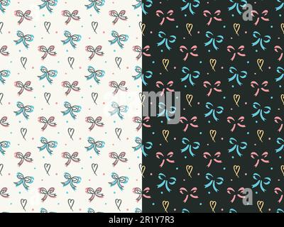 Bow holiday seamless patterns, set of 2. Hand drawn doodle design. Tender pastel baby color palette. white or black background color Stock Vector