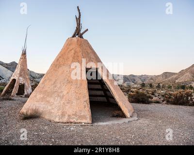 Great view of the Tipi, the traditional home of north American tribes, film set , mini Hollywood in Almeria, Andalucia, Spain. Stock Photo