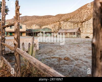 Great view of Outdoors  western style set for movies, mini hollywood in the middle of desert, in Tabernas, Almeria, Andalucia, Spain Stock Photo